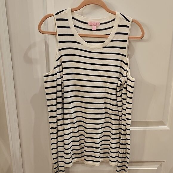 LILLY‎ PULITZER Women's L Cold Shoulder Breton Stripe Wool Blend Sweater Preppy - Picture 2 of 9